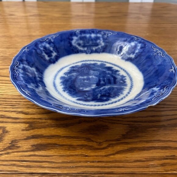 Antique Ironstone Transferware Blue Flow Embossed Soup Bowl, 9 3⁄4” 1830-1834 - Picture 1 of 6